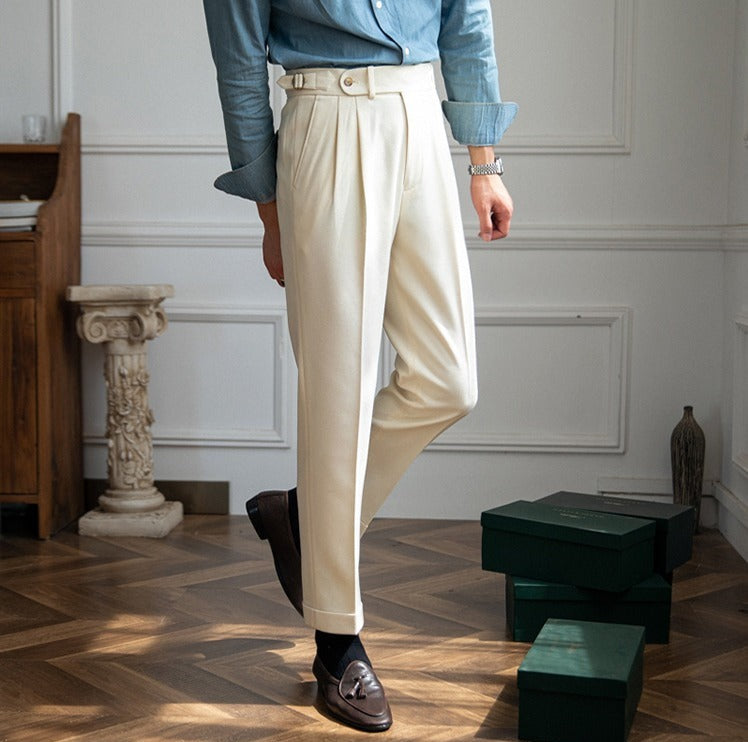 London Wool Blend Textured Double Pleated Trousers