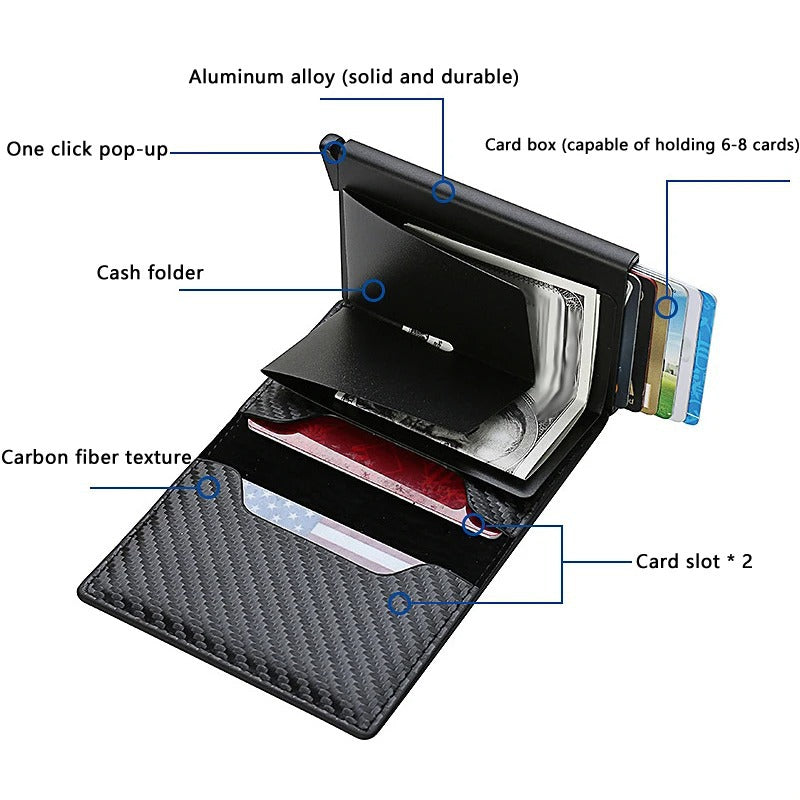 Fayymont RFID-Geldbörse aus Kohlefaser und Aluminium – schlankes Pop-Up-Design – Fayymont