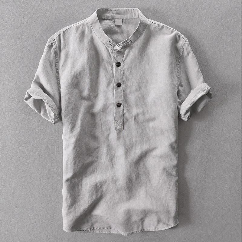Men’s Short Sleeve Linen Shirt - Mandarin Collar - Lightweight Casual