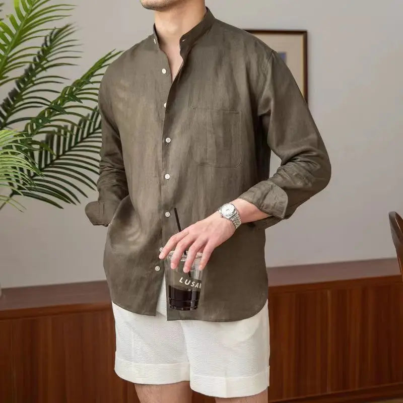 Linen Band-Collar Shirt — Long Sleeve