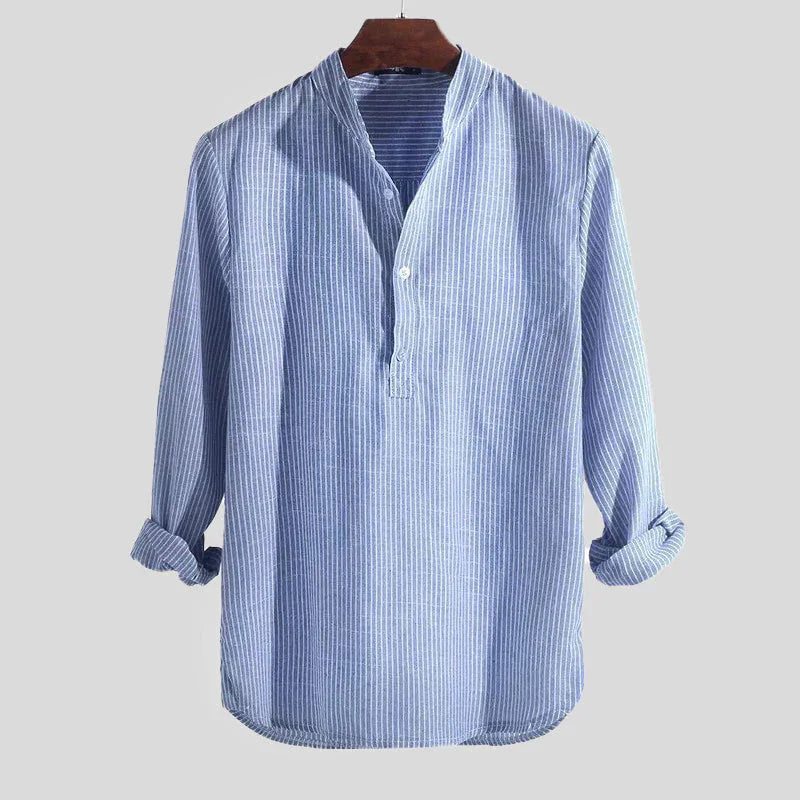 Men’s Long Sleeve Henley Shirt Cotton Linen Blend Striped