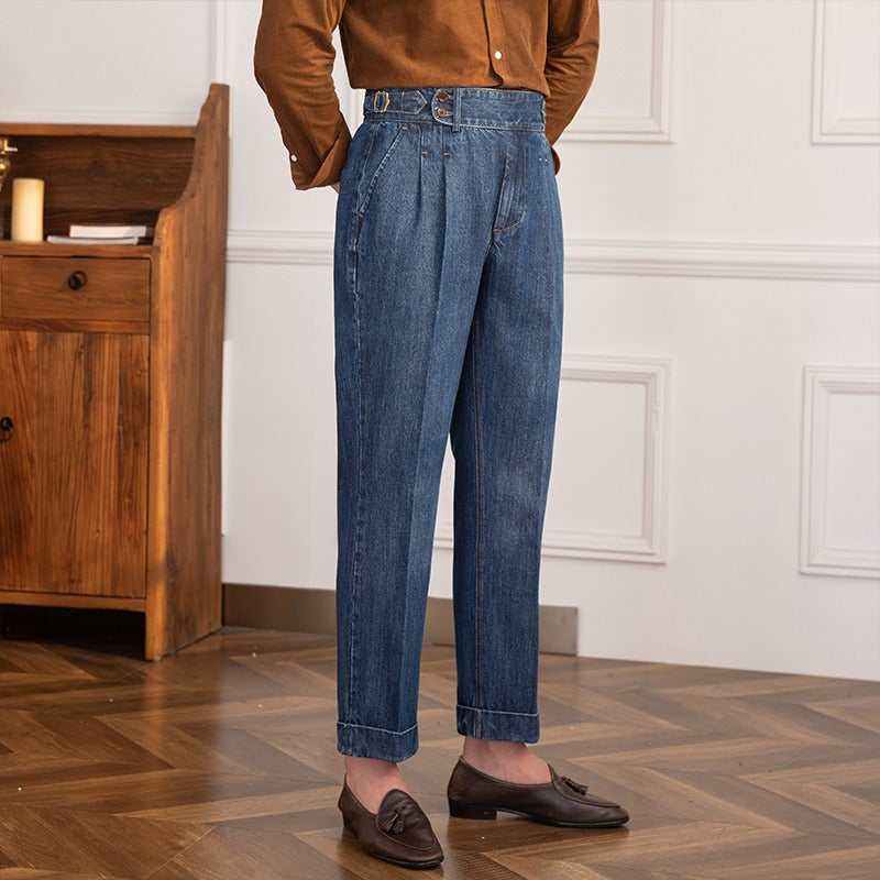 Denim Lorenzo Vintage Pleated Straight Fit Trousers