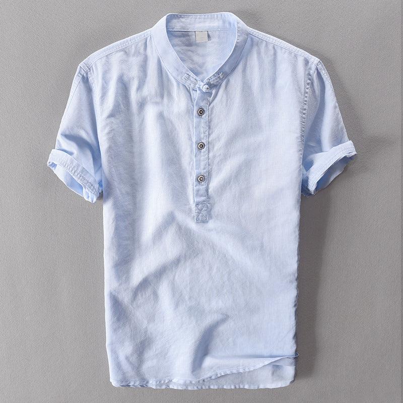 Men’s Short Sleeve Linen Shirt - Mandarin Collar - Lightweight Casual