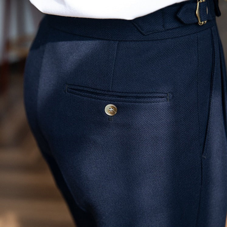 London Wool Blend Textured Double Pleated Trousers