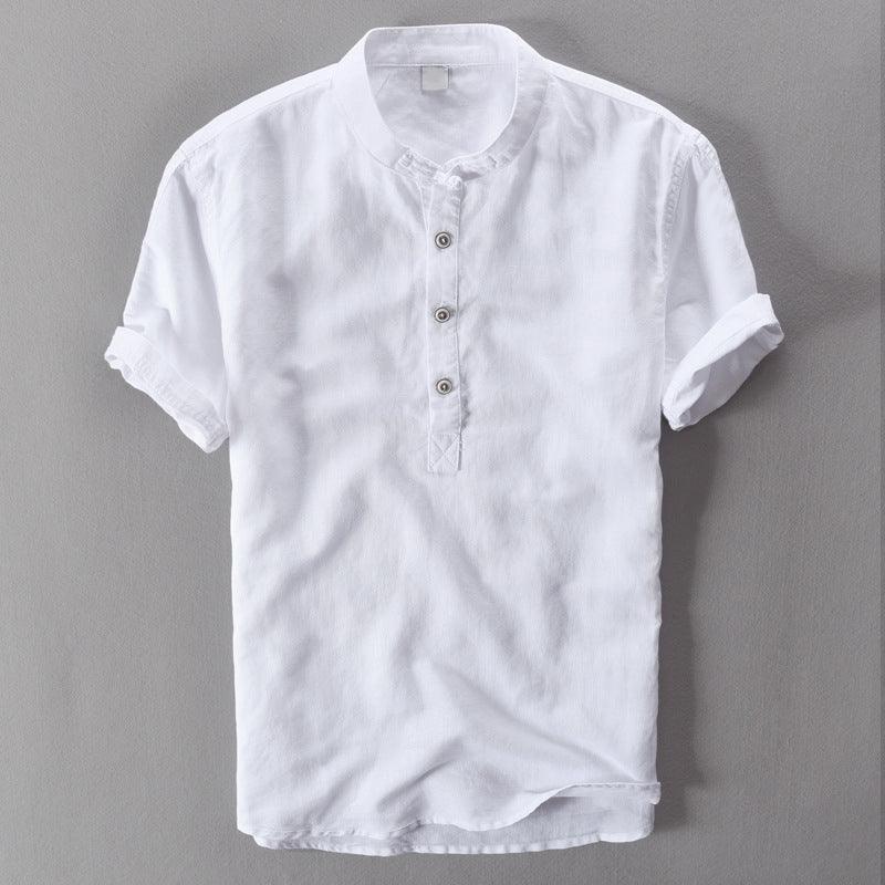 Men’s Short Sleeve Linen Shirt - Mandarin Collar - Lightweight Casual