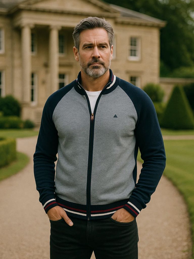 Zipper Color Block Standing Collar Cardigan Sweater