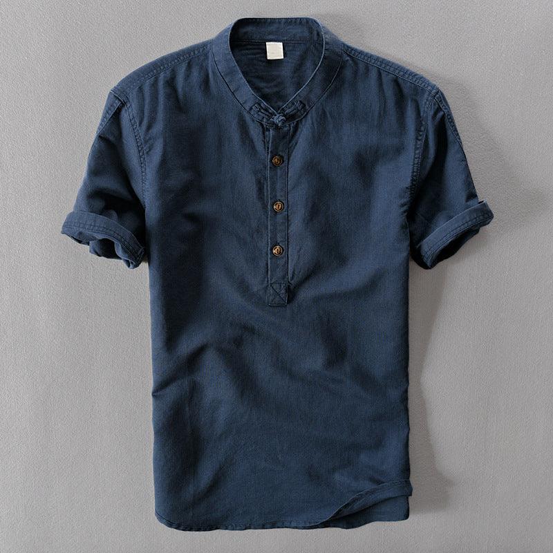 Men’s Short Sleeve Linen Shirt - Mandarin Collar - Lightweight Casual