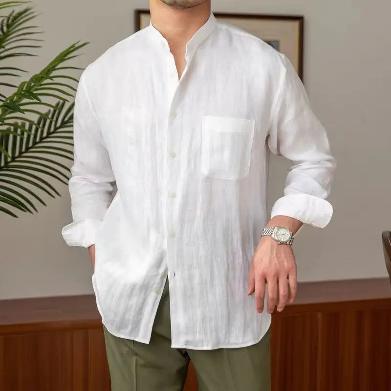 Linen Band-Collar Shirt — Long Sleeve