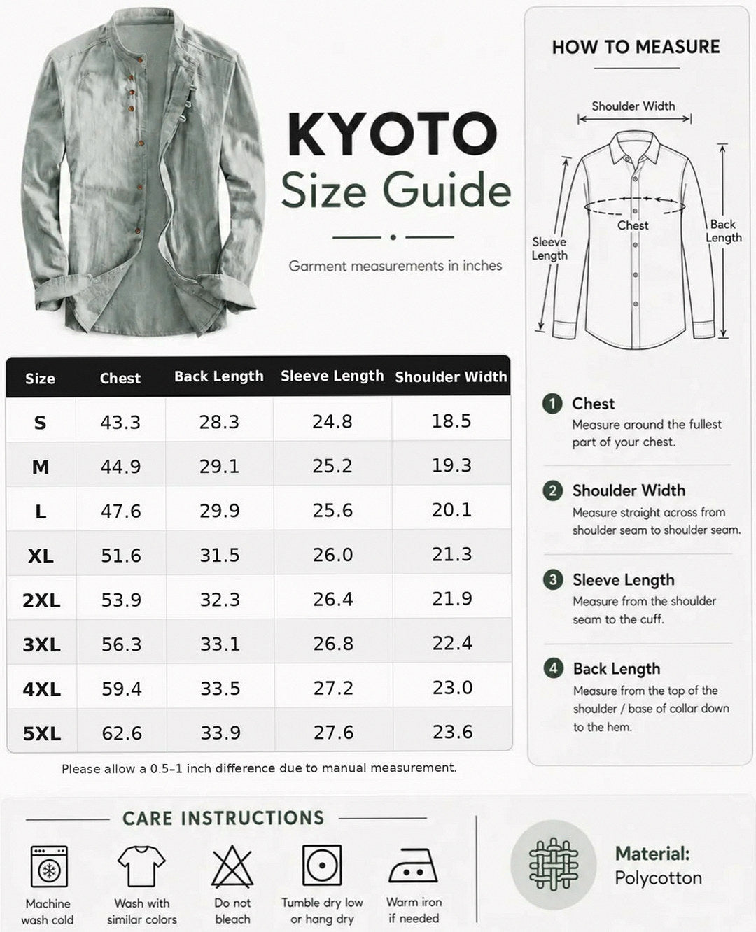 Kyoto Größentabelle für Herrenhemden