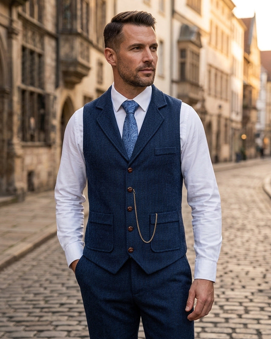 Mann trägt blaue Lancaster Tweed-Weste zum Anzug in der Altstadt – eleganter Lifestyle-Look